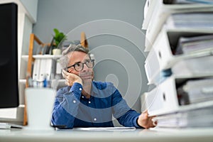 Sad Men With Office Paper Stack Workload