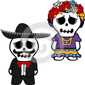 Sad mexican kid skull cartoon couple set
