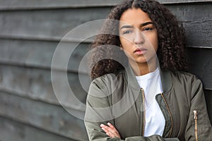 Sad Mixed Race African American Teenager Woman Green Bomber Jacket