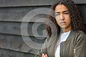 Sad Mixed Race African American Teenager Woman Green Bomber Jacket