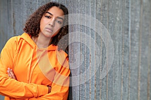 Sad Mixed Race African American Teenager Woman Orange Hoodie