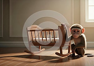 A sad monkey next to an empty cradle.