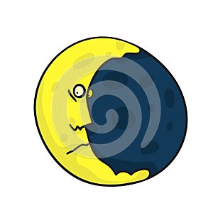 sad moon in space - isolated on a white background illustration in cartoon comic