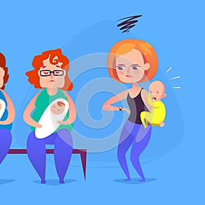 Sad mother with a crying child in a queue. Vector illustration.