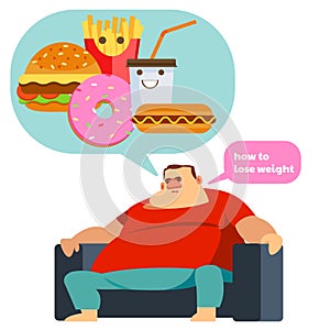 Sad obese man think to how to lose weight. health care concept. illustration vector cartoon flat icons design. isolated