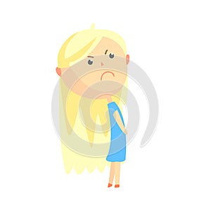 Sad offended cartoon blonde girl, colorful character vector Illustration