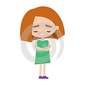 Sad offended girl with read hair cartoon illustration