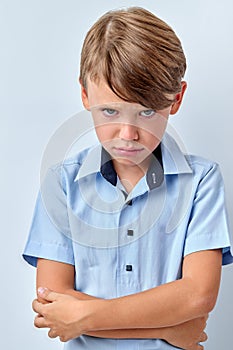 Sad Offended Little Boy Posing Isolated On White Background, Portrait