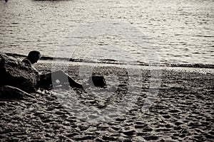 Sad Old Man Laying on Beach Sand Landscape near ocean waters