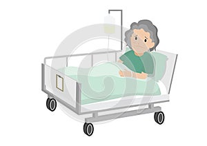 Sad old woman lying in a hospital bed. photo