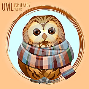 Sad owl in a warm scarf, vector cartoon series
