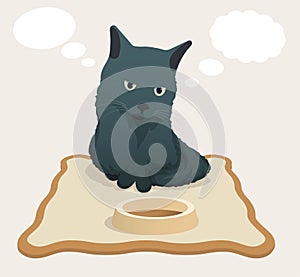 Sad pensive cat sits on rug near empty bowl and dreams of food. Bubbles, clouds for text fly near head of gray cat. Cartoon vector