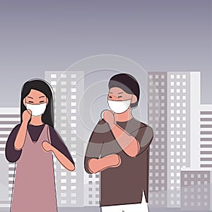 Sad people wearing protective face masks walking on street. Fine dust, air pollution, industrial smog, pollutant gas