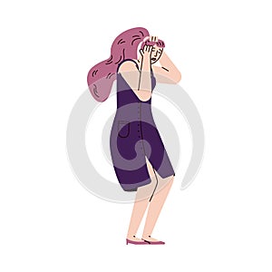 Sad person with depression - unhappy cartoon woman holding her head