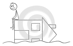 Sad Person Sitting on Flooded Destroyed House , Vector Cartoon Stick Figure Illustration