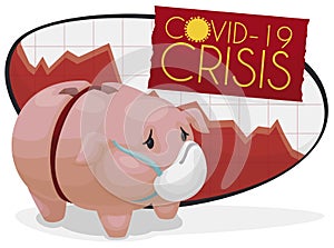 Sad Piggy Bank due Down Economy Tendency during COVID-19 Crisis, Vector Illustration