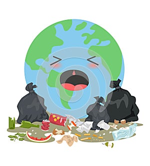 Sad planet Earth with a garbage. Ecology concept