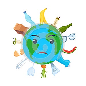 Sad planet Earth with a garbage. Trash polluted planet earth, sad, suffer, tired, sick. Ecology concept. Vector illustration