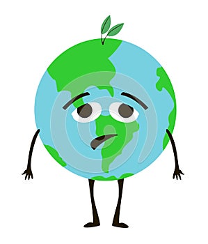 Sad planet Earth. Planet mascot without plants of environ cry and need help. Vector illustration problems of environment photo