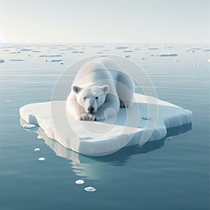 Sad polar bear floating on an ice floe.