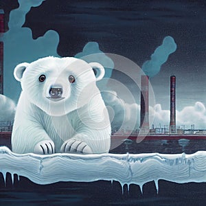 sad polar bear in front of the illustration, firms with clouds in background, ai generated image
