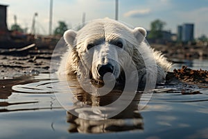 Sad polar bear lying in a dirty puddle.AI generated