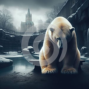 Sad polar bear sits in a rundown Victorian zoo