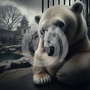 Sad polar bear sits in a rundown Victorian zoo