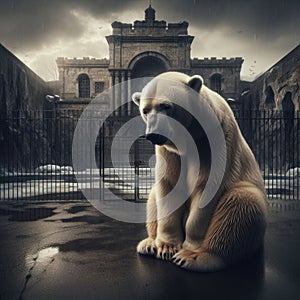 Sad polar bear sits in a rundown Victorian zoo