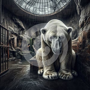 Sad polar bear sits in a rundown Victorian zoo