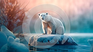 Sad polar bear sits on a small iceberg. Impact of Global warming. Generative AI