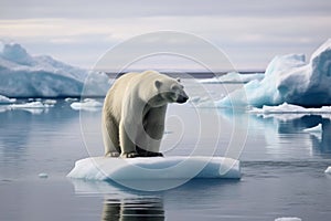 A sad polar bear on a small ice floe created with generative AI technology