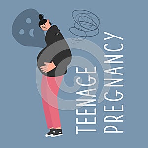 Teenage girl with a big belly. Unwanted pregnancy of underage girls. Socio-psychological problem. Vector illustration photo