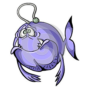 Sad purple fish isolated on white background.