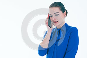 Sad real estate female agent talking on mobile phone. Isolated on white.