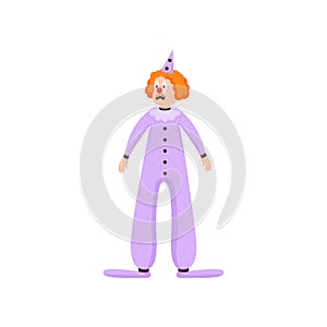 Sad red hair clown with violet long clothes