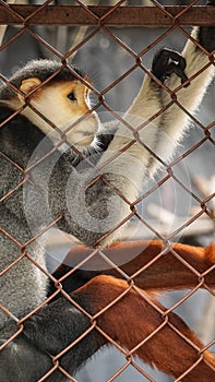 Sad red-shanked douc, five colors endanger monkey in cage