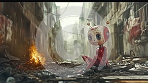 A sad robot by the campfire.