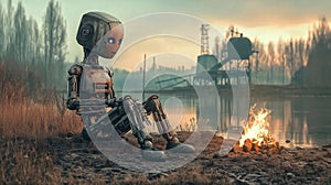 A sad robot by the campfire.