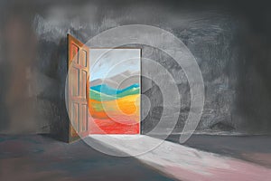 Sad room with a door opening to colorful and happy landscape, concept for hope, remission, optimism - AI Generated