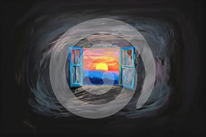 Sad room with a window opening to colorful and happy landscape, concept for hope, remission, optimism - AI Generated