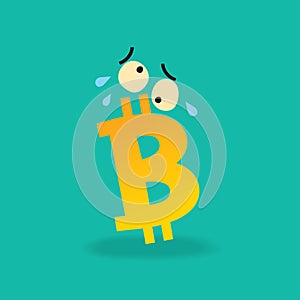 Sad scared bitcoin sign cartoon character