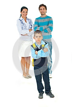 Sad schoolboy in front of parents