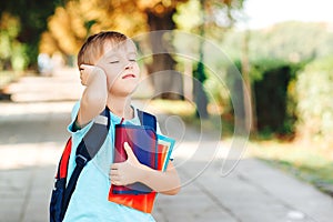 Sad schoolboy with negative emotions go to school. Education