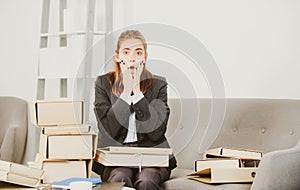 Sad secretary girl with many folders of documents, stressed overworked businesswoman too much work, office problem