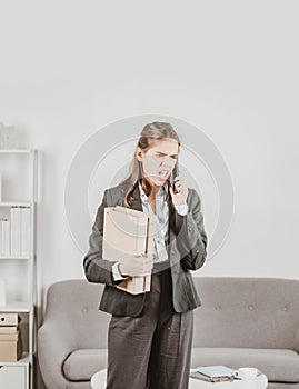 Sad secretary girl, stressed overworked businesswoman too much work, office problem. Tired stressed young woman employee