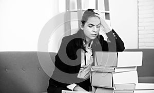 Sad secretary girl, stressed overworked businesswoman too much work, office problem. Tired stressed young woman employee