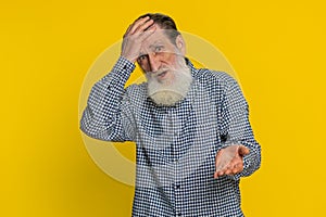 Sad senior man loses becoming surprised by lottery results, bad fortune, loss, unlucky fortune news