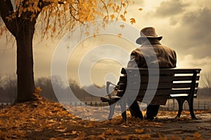 Sad senior man sitting alone on a bench in city park on autumn day. Elderly man enjoying nice fall weather
