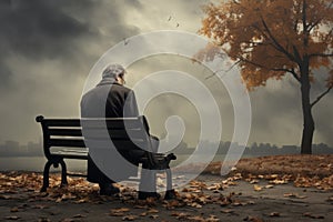 Sad senior man sitting alone on a bench in city park on autumn day. Elderly man enjoying nice fall weather